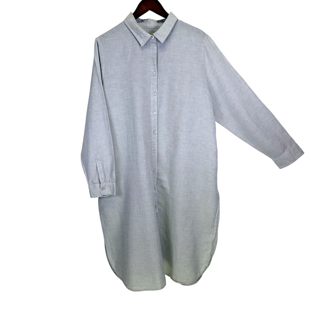 Chico's Womens Shirt Dress 3 Grey Linen Blend Button Up Long Sleeve High Low Hem